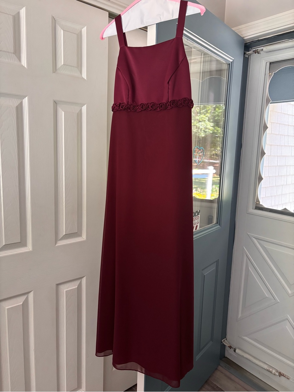 Elegant Burgundy Maxi Dress with Rosette Waist